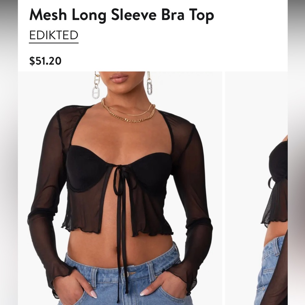 NWT EDIKTED Black Mesh Long-Sleeve Tie-Front Crop Top